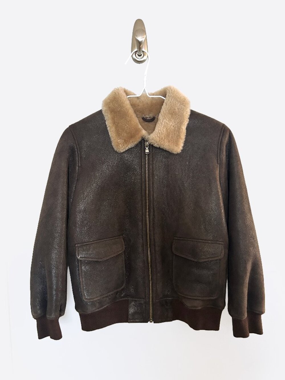 Overland Kids Size 12 Genuine Sheepskin Shearling Leather Bomber Jacket Brown